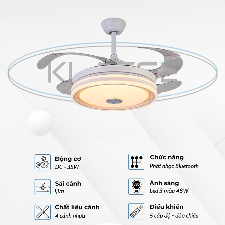 Quạt trần đèn giấu cánh 42A203-BT (nhạc Bluetooth) 42ksa 203bt